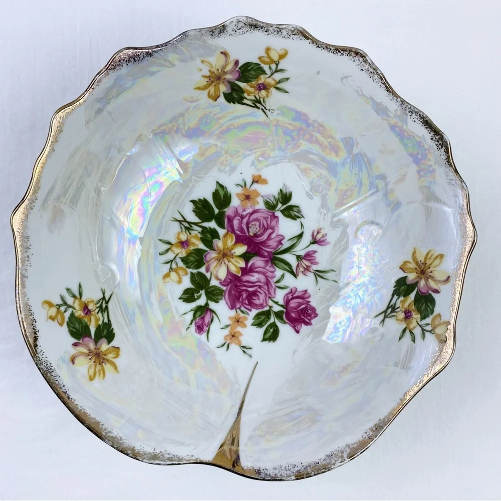 Vintage Floral Lusterware Serving Bowl Gold Trim